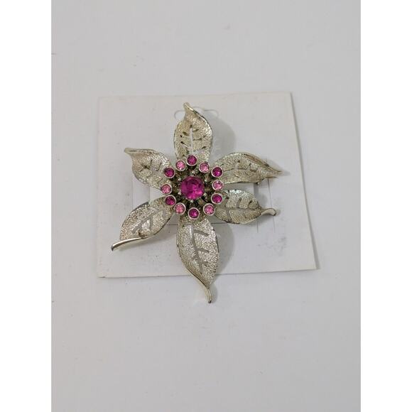 Sarah Coventry Pink Stone Flower‎ Brooch Pin Silver Tone - Picture 1 of 5
